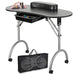 Portable nail art station with wheels, black top, and carrying case on a white background