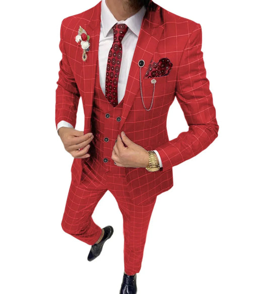 Red checkered suit with white shirt and red tie on a white background