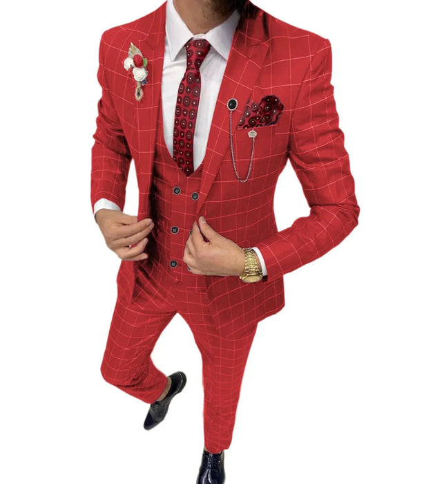 Red checkered suit with white shirt and red tie on a white background