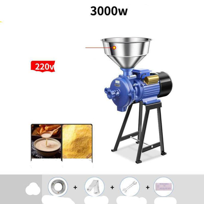 Blue grain mill with text on a white background