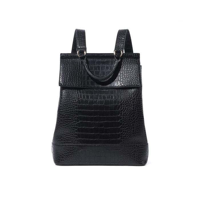 Black crocodile-patterned backpack on a white background