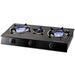 Black three-burner gas stove with blue flames on a white background