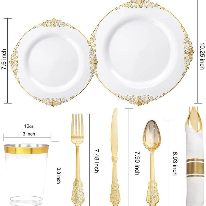 Gold and white dinnerware set with measurements