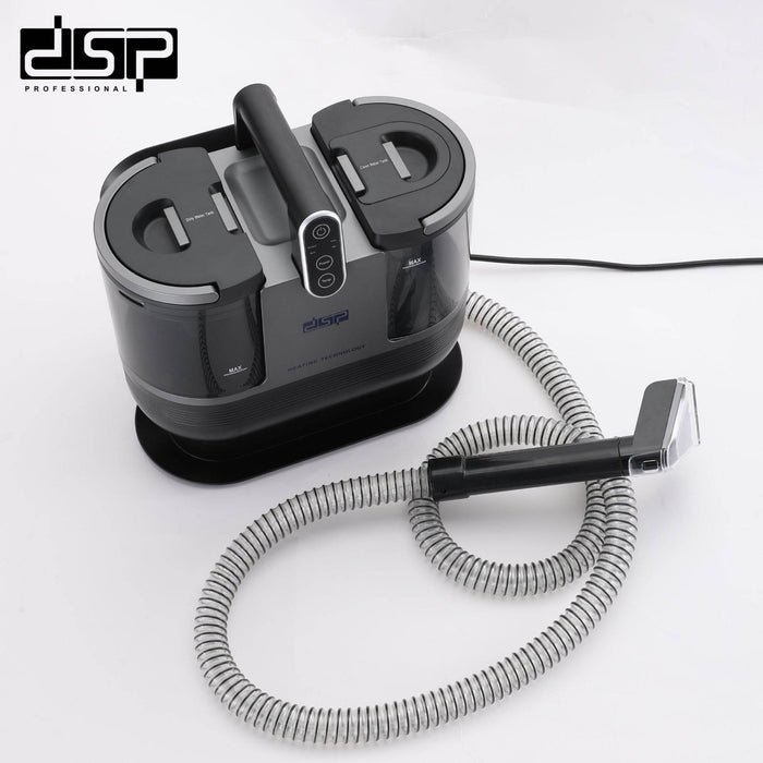 Gray steam cleaner with coiled hose on a white background, featuring the DSP Professional logo.