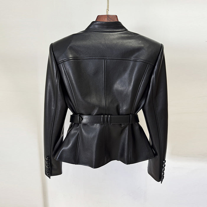 Black leather jacket on a mannequin against a white background