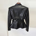 Black leather jacket on a mannequin against a white background