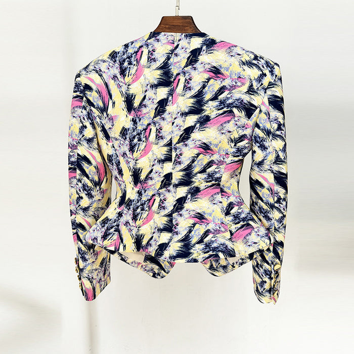 Colorful patterned shirt on a hanger against a white background