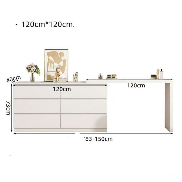 White dresser with dimensions and features displayed on a white background
