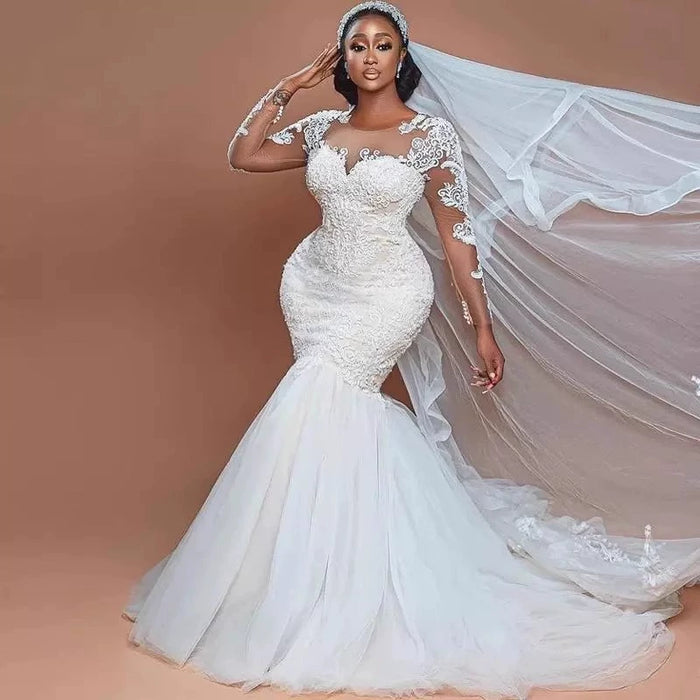 "Dio Eclectic Illusion Pleats Lace Appliques African Mermaid Wedding Dress" - Dio Kollections