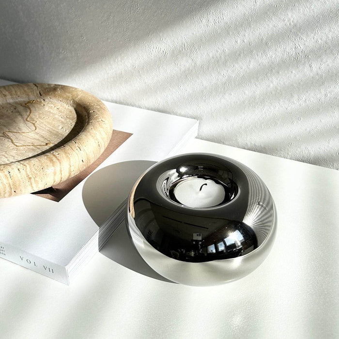 Modern Electroplated Ceramic Silver Round Candle Holder for Elegant Home Decor - Dio Kollections
