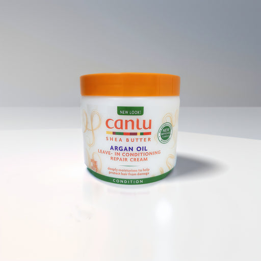 Cantu shea butter argan oil leave-in conditioning repair cream jar on a white background