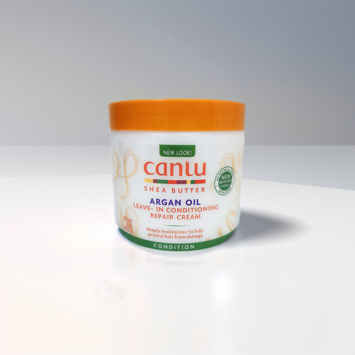 Cantu shea butter argan oil leave-in conditioning repair cream jar on a white background