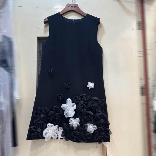 Handmade A-Line Sleeveless Dress with Three-Dimensional Flower Detail - Dio Kollections