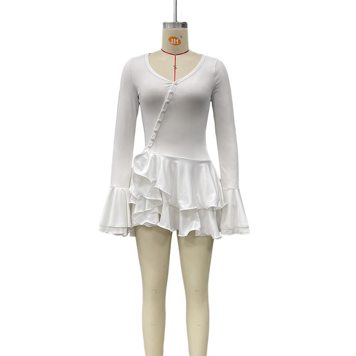 White dress with ruffled skirt on a mannequin against a white background