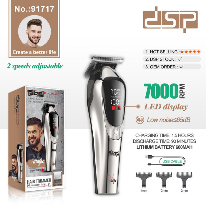 Hair trimmer with packaging and specifications on a white background