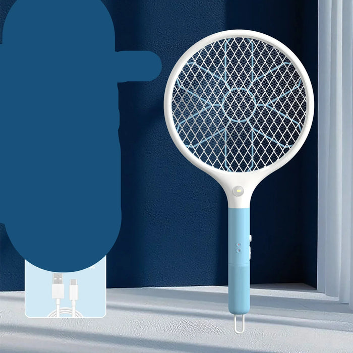 Blue and white electric fly swatter with features listed on a dark blue background