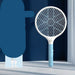Blue and white electric fly swatter with features listed on a dark blue background