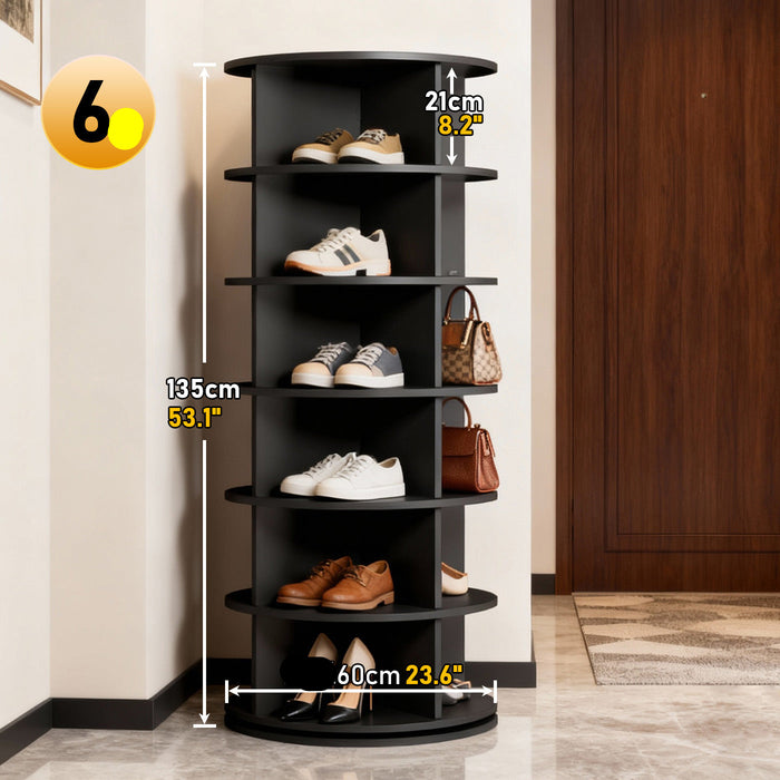 Black shoe rack with shoes and handbags, showing dimensions against a neutral wall.
