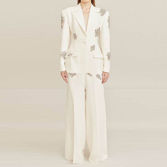 Elegant Diamond Beaded Blazer & Wide Leg Pants Set - Dio Kollections