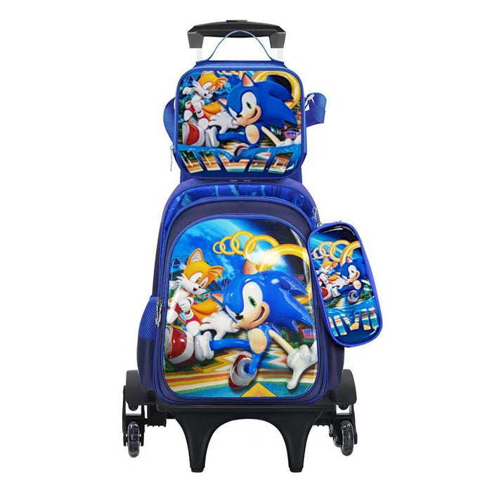 Backpack with wheels and character design on a white background