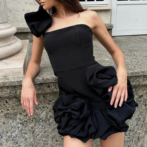 Dio Elegant One-Shoulder Ruffled Bud Waist Dress - Dio Kollections