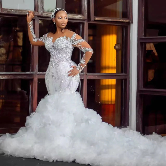 Dio Deep V Rhinestone Lace Long-Sleeved Wedding Dress