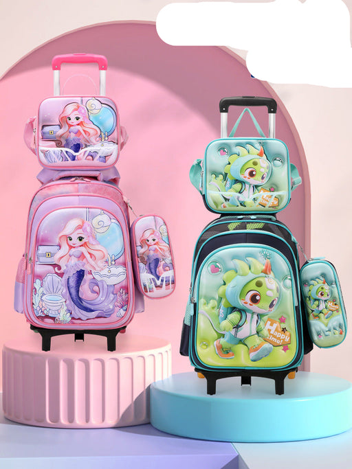 Two children's backpacks with cartoon designs on a pink and blue platform.