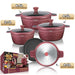 Set of red casseroles with different capacities and a box in the background.