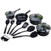 Set of black cookware and utensils on a white background