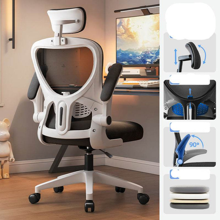 Ergonomic office chair with detailed features on a desk setup