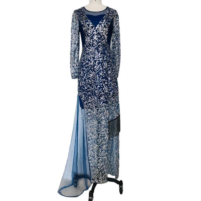 Dio De Novia Blue Sequined Long Sleeves Dubai Evening  Dress - Dio Kollections