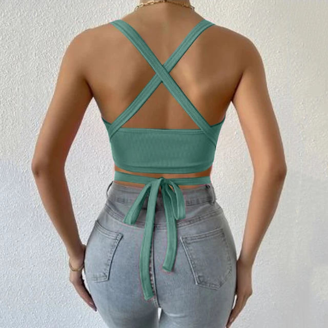 Dio Summer Criss Cross Sleeveless Backless Rib Knit Camisole Club Party Streetwear Top. - Dio Kollections