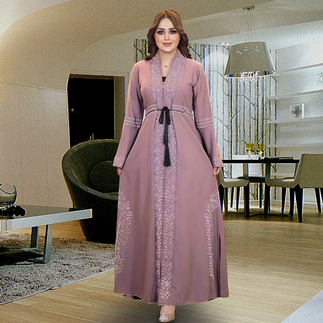 Dio Dubai Kaftan Jalabiya Flare Sleeve Abaya  Turkey Ramadan Islam Robe Belt - Dio Kollections