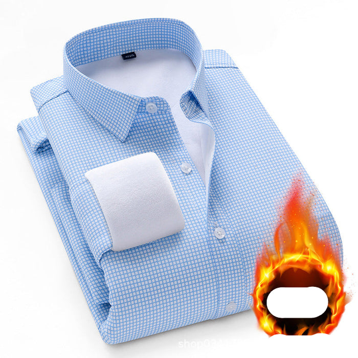 Folded blue checkered shirt with a fiery graphic and text on a white background