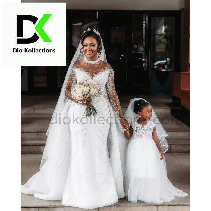 Dio Womens Charming Sheer Neck Long Sleeves Heavy Beaded Mermaid Wedding Dresses With Detachable