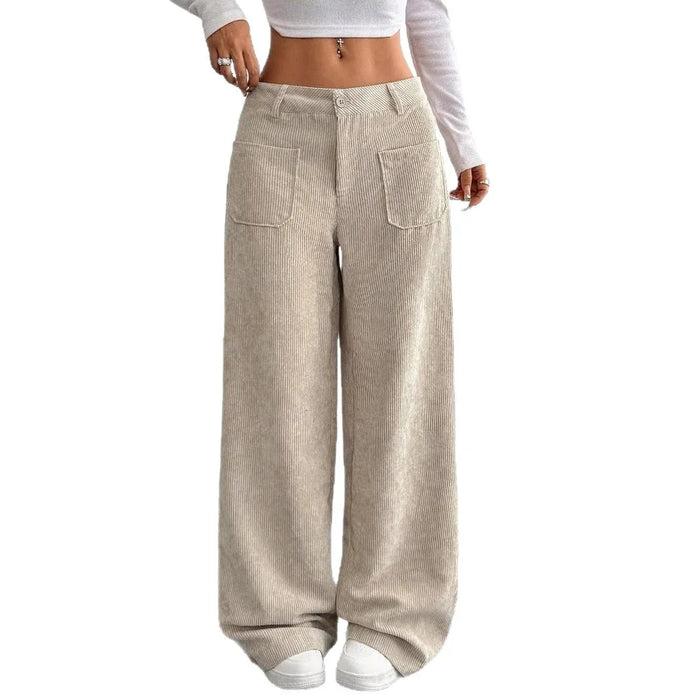 Corduroy High-Waisted Loose Floor-Length Wide-Leg Pants Front and Back Pockets