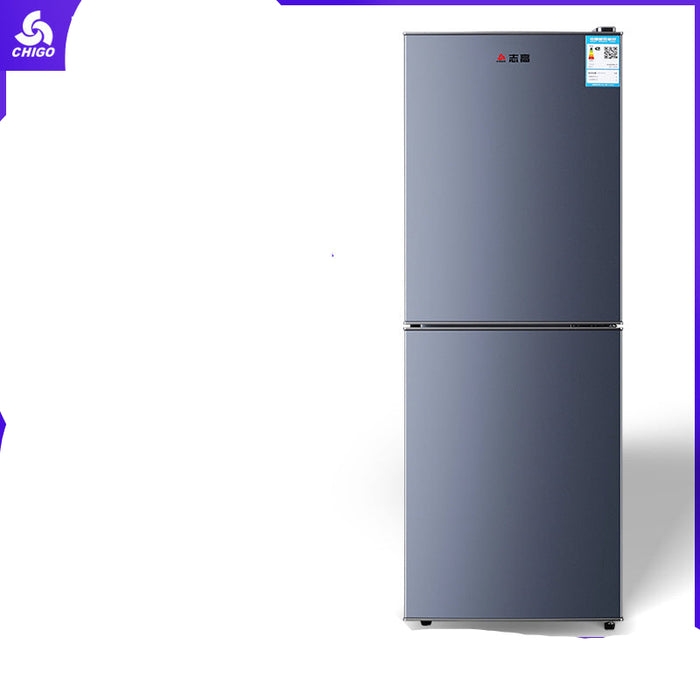 Silver refrigerator with promotional text on a white background