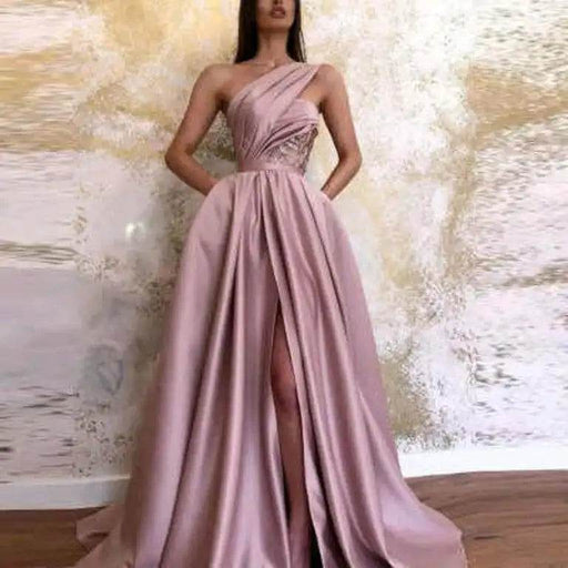 Dio Elegant High Slit Slanted Shoulder Floor Length Pink Party Dress - Dio Kollections