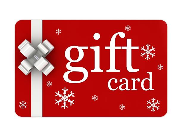 Red gift card with white text and snowflake decorations on a white background