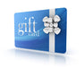 Blue gift card with a silver bow on a white background