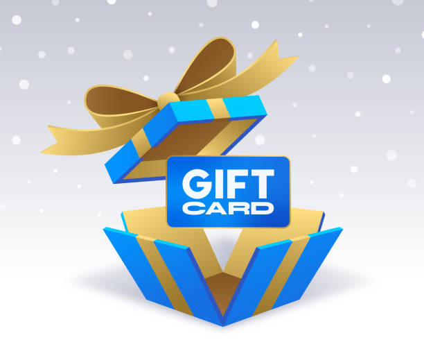 Blue and gold gift card with a bow on a light gray background