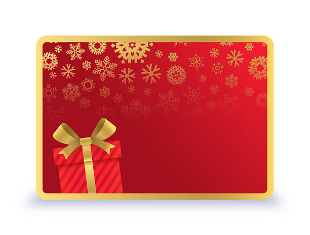Red gift card with gold snowflakes and a bow on a white background