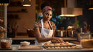 Woman in a kitchen preparing food, wearing an apron.
