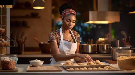 Woman in a kitchen preparing food, wearing an apron.